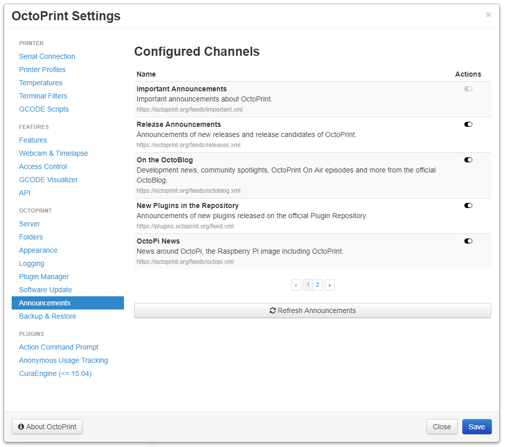 Announcement settings