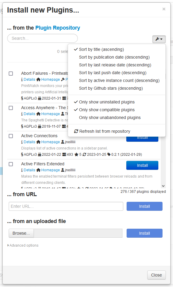 Filter options for the repository browser