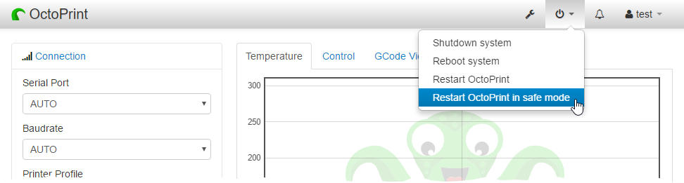 "Restart OctoPrint in safe mode" in the "System" menu