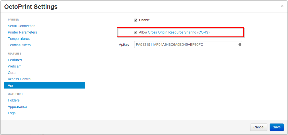 CORS configuration in the API settings