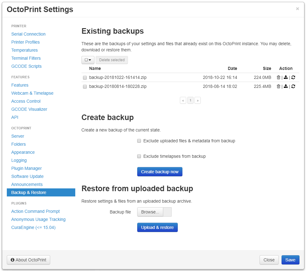 OctoPrint Backup Plugin