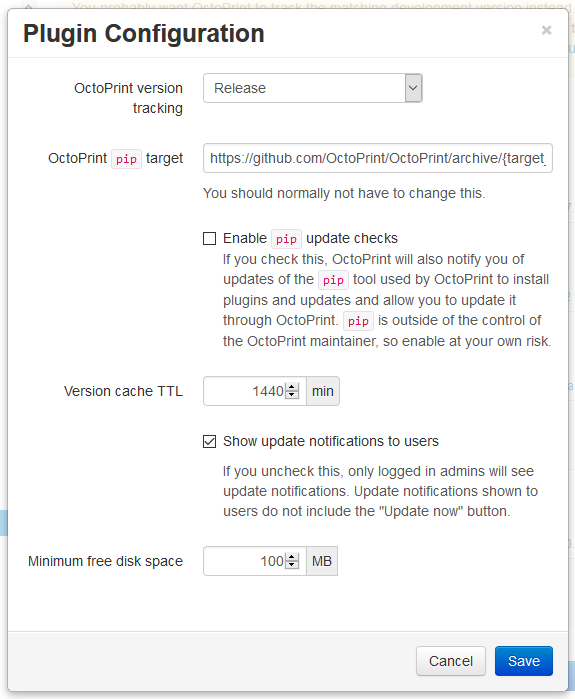 Software Update plugin configuration dialog