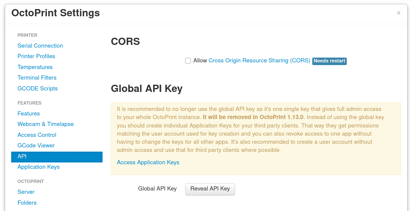 Global API key in the API settings