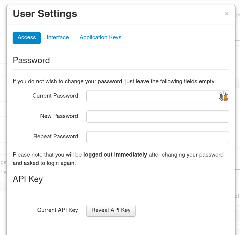 API key options in the User Settings