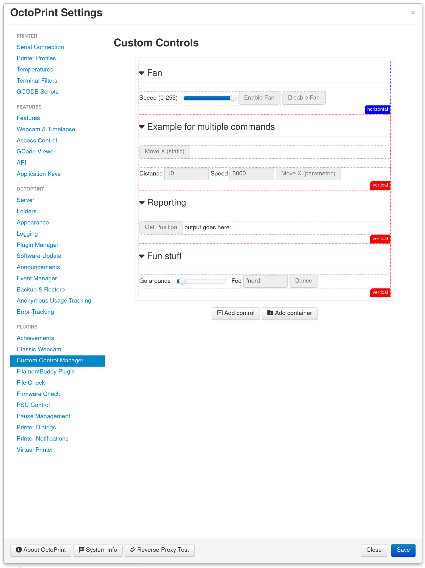 The Custom Control Manager settings dialog in action