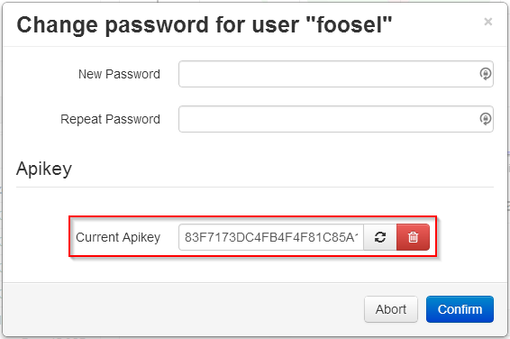API key options in "Change password" dialog